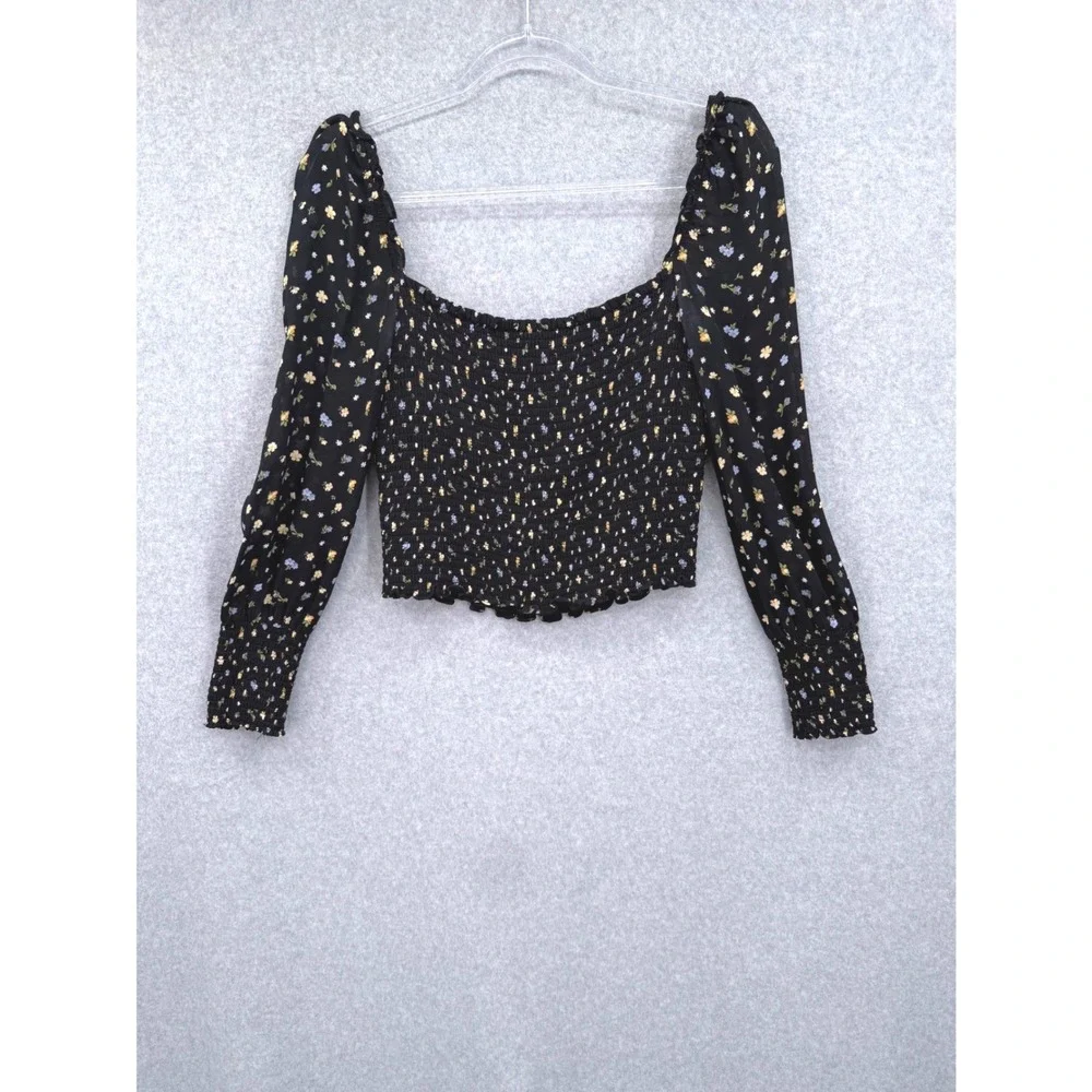 Reformation Pinto Smocked Top Womens Size Medium Black Ditsy Floral Puff Sleeve
